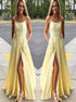 Spaghetti Straps Yellow Chiffon Prom Dresses with Slit LBQ1724